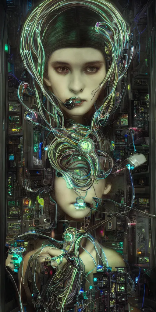 Image similar to dark cyberpunk woman amongst cables and computers by johnson tsang and alphonse mucha, portrait, fantasy, clear, soft, uhd, amazing depth, cinematic lighting