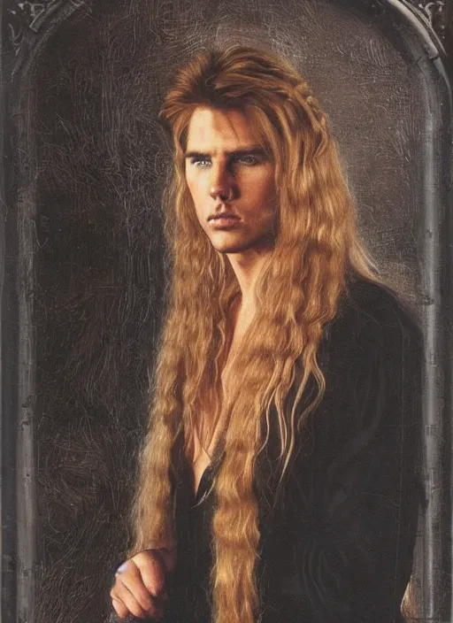 Image similar to Pre-Raphaelite portrait of blonde haired Tom Cruise as the leader of a cult 1980s heavy metal band, with very long blond hair, light blonde hair and grey eyes