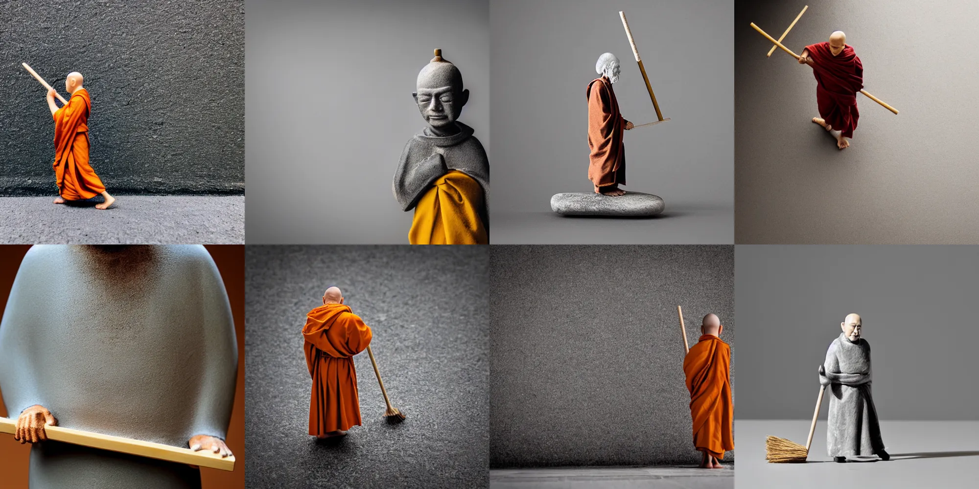 Prompt: a monk holding a broom sweeping floor, miniature minimal sculpture of stone and wood, front angle photography