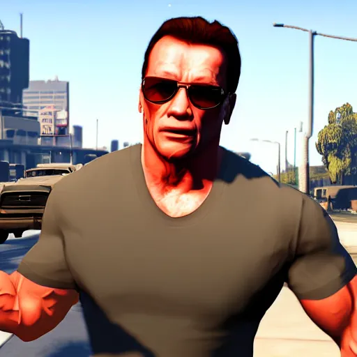 Image similar to GTA V arnold schwarzenegger screenshot stealing a cop car