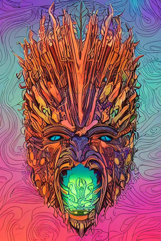 Image similar to totem animal mask tribal feather gemstone plant wood rock shaman vodoo video game vector illustration vivid multicolor borderlands comics by josan gonzales and dan mumford radiating a glowing aura