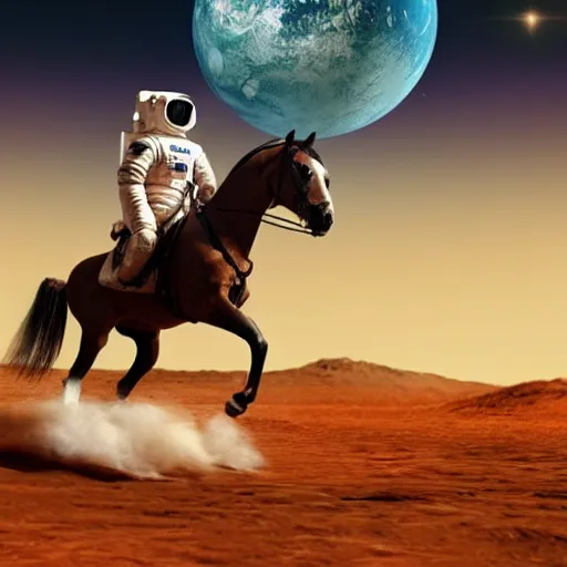 Image similar to A astronaut riding a horse on Mars, photorealistic, 4K