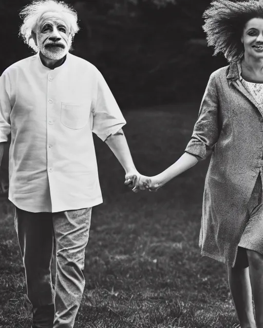 Image similar to a portrait of einstein and modi walking whilst holding hands, highly detailed, trending on artstation, bokeh, 9 0 mm, f / 1. 4