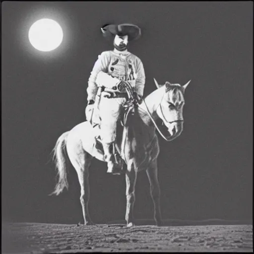 Prompt: anton lavey wearing a cowboy hat, riding a horse on the moon