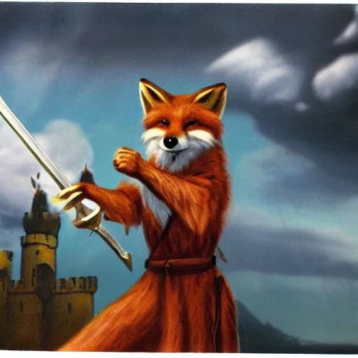 Prompt: anthropomorphic fox!! who is a medieval knight holding a sword towards a stormy thundercloud [ 1 9 3 0 s film still ], ( castle in the background )