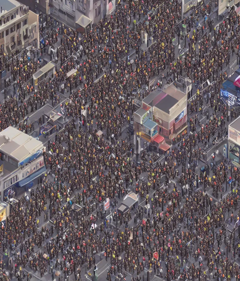 Prompt: a beautiful hyperrealistic detailed 3D render of a riot with crowds filling the streets, by Anton Otto Fischer, Atey Ghailan, genzoman, unreal engine, octane render, gigantic, 3D, brilliantly coloured, intricate, ultra wide angle, trending on artstation, embers, smoke, dust, dusk, volumetric lighting, HDR, polished, micro details, ray tracing, 8k