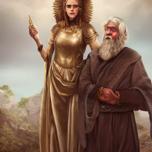 Image similar to Emma Watson as ancient greek woman in golden helmet standing on giant grey-haired bearded male face in the sky, epic fantasy style art, fantasy epic digital art