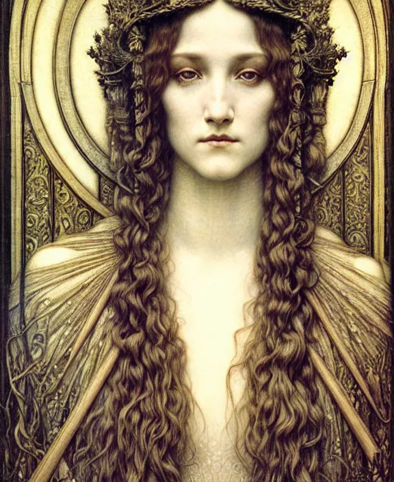 Image similar to detailed realistic beautiful young medieval queen face portrait by jean delville, gustave dore and marco mazzoni, art nouveau, symbolist, visionary, gothic, pre - raphaelite. horizontal symmetry