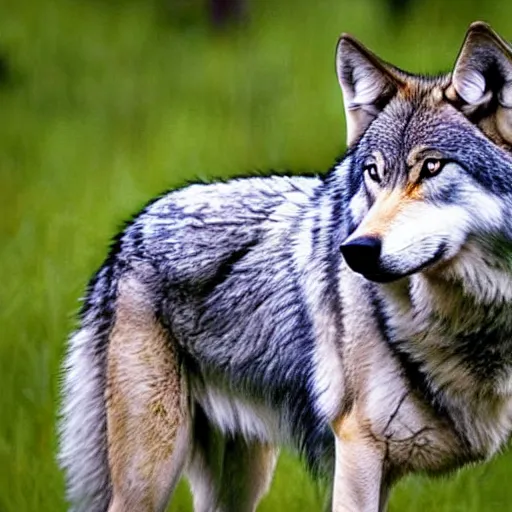 Image similar to Full body photo of a wolf with feathers, real life festhered lupine