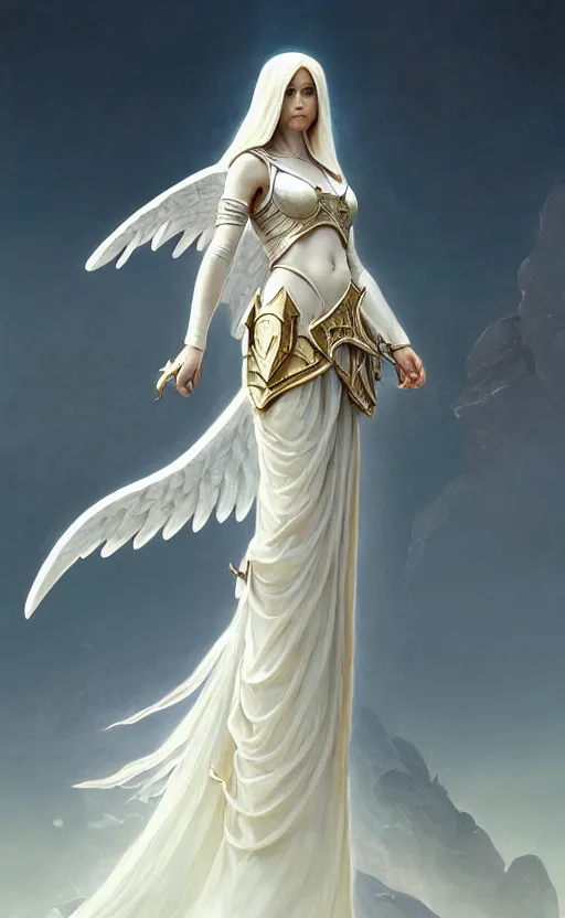 Prompt: angel, high key, full armor cloth, full body portrait, gentle, female, bright marble ruins, landscape, d & d, fantasy, intricate, elegant, highly detailed, digital painting, white gold color palette, artstation, octane render, concept art, matte, sharp focus, illustration, hearthstone, art by artgerm and greg rutkowski and alphonse mucha