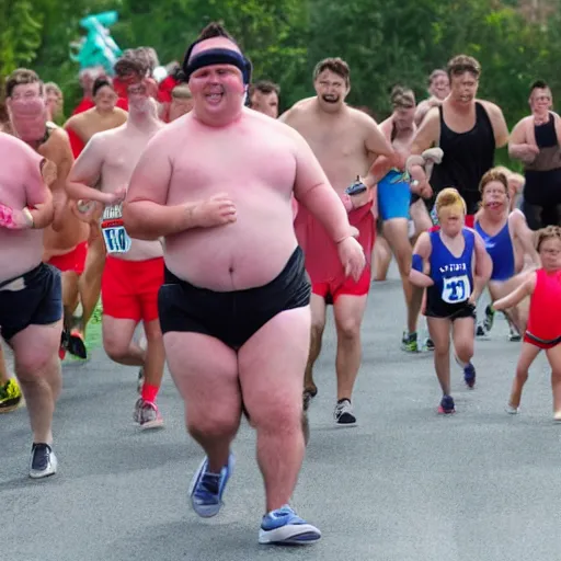 Image similar to an action photo of the annual mini fat man race. many little fat men in swimsuits are having an extreme running race. they are hot, red and sweating profusely.