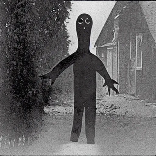 Prompt: scary unproportionally tall ghost creature in the middle of a village, 1920s picture