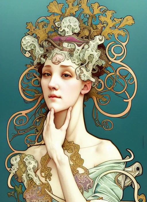 Image similar to squidward, rococo and art nouveau fusion, highly detailed, deep focus, elegant, digital painting, smooth, sharp focus, illustration, ultra realistic, japanese art by artgerm and alphonse mucha