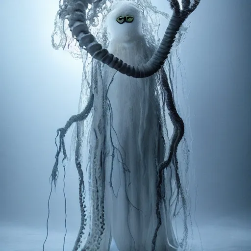 Image similar to ethereal ghostly live action muppet wraith like figure with a parasitic squid head, four long tentacles for arms that flow gracefully at its sides like a cloak, a long fluffy snake tail instead of legs, it stalks around frozen forests searching for lost souls to consume, hides in the shadows of trees, this character uses hydrokinesis and electrokinesis, it is a real muppet by sesame street, photo realistic, real, realistic, felt, stopmotion, photography, sesame street