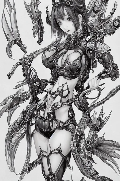 Image similar to full body illustration, mechanized burnette female, blissful succubus, highly detailed, sumi - e art, suiboku - ga ink, by kim jisu, pen and ink monochrome, mecha, deviantart, artstation, pinterest