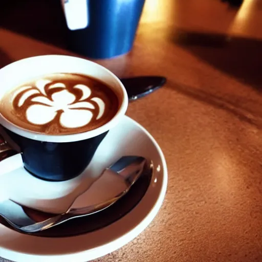 Image similar to cup of coffee, latte art of spider - man face, photo real, warm lighting, coffee shop background, zoomed in on top of cup.