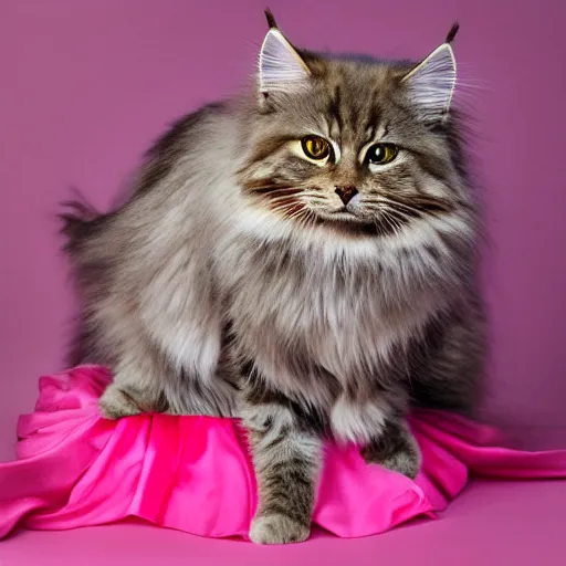 Prompt: realistic photo of a Siberian cat dancing in a pink dress