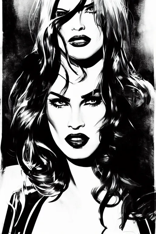 Image similar to dream of a film still from sin city, closeup portrait of film noir megan fox private detective, detailed illustration, digital art, trending on artstation, frank miller, martin ansin, movie poster,