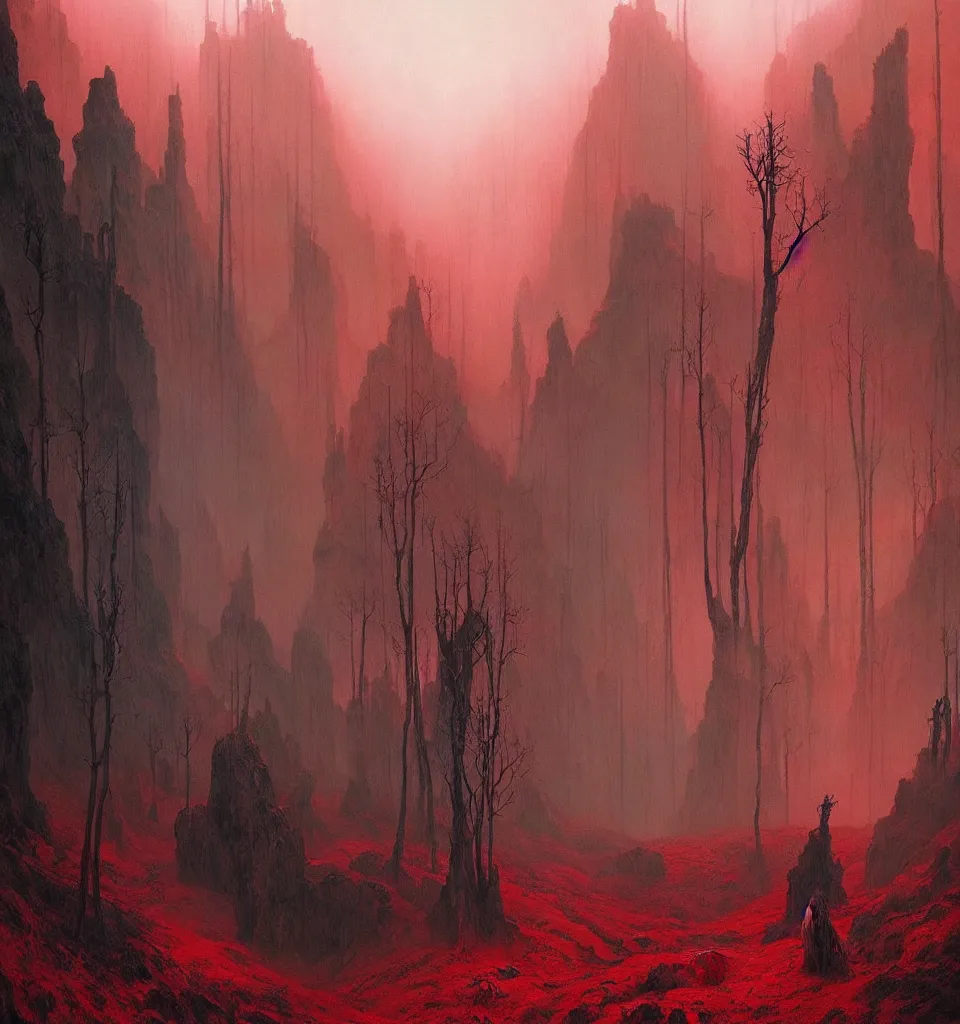Prompt: magical matte forest overlooking the mountains, chiaroscuro, red fabric, metalic parts, transparent smoke from hell, notan sun in the background, abstract, surreal art, painted by beksinski and android jones