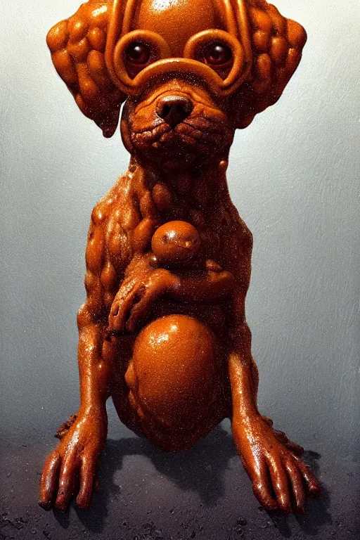 Prompt: painting of a very cute dog consisting entirely of british baked beans, dog is made of baked beans, baked bean skin texture, by zdzislaw beksinski, by dariusz zawadzki, by wayne barlowe, gothic, surrealism, cosmic horror, lovecraftian, cold hue's, warm tone gradient background, concept art, beautiful composition