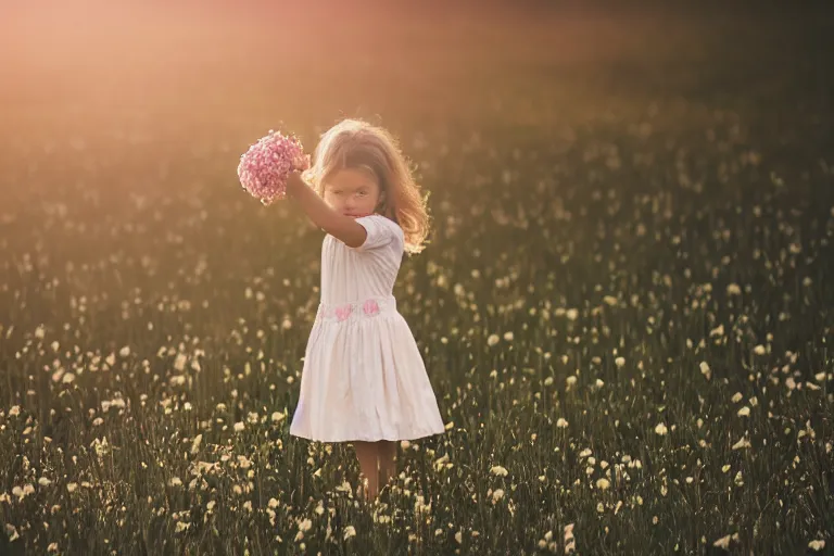 Image similar to a little girl standing in a field holding flowers in her hand, soft light, dreamlike,