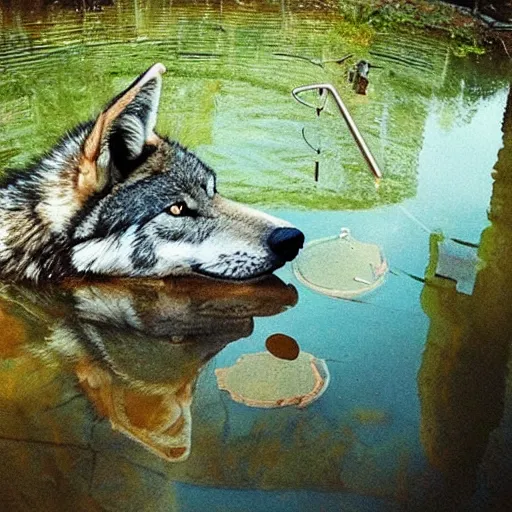 Prompt: a wolf looks at his reflection in a pond and sees a human face instead of himself, pov is behind the wolf, New Realism