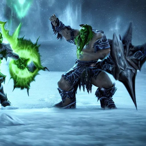 Image similar to Illidan fighting Arthas. Frozen landscape. Warcraft-style. Cinematic shot.