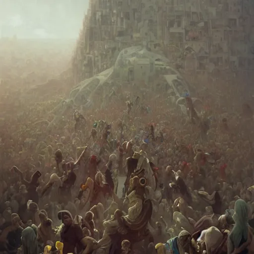 Prompt: hundreds of humans climbing on each other creating incredible surrealistic structures, highly detailed, digital painting, matte, sharp focus, art by wlop, greg rutkowski, alphonse mucha, frank frzetta, boris vallejo, bouguereau, beksinski, cinematic, octane render