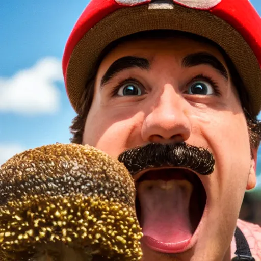 Image similar to photo of real life mario finding a giant mushroom, exhilarated, portrait, closeup. mouth open, 30mm, bokeh