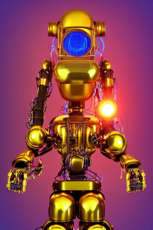 Prompt: portrait photo of a giant huge golden and blue metal humanoid steampunk robot bass player with multicolored big gears and tubes, a red bass, eyes are glowing red lightbulbs, shiny crisp finish, 3 d render, 8 k, insaneley detailed, fluorescent colors, background is multicolored lasershow