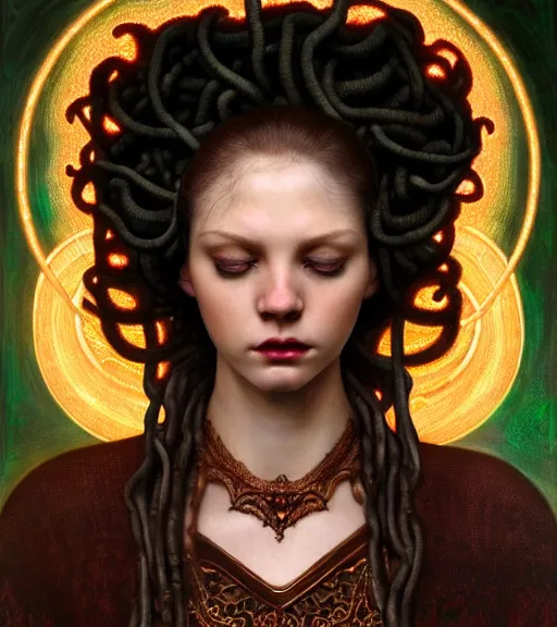 Prompt: portrait of alopecia naughty teen medusa, vipers grow from her head, wearing an embroidered rusty tunic, dark background, intricate, elegant, copper and emerald jewelry, glowing lights, highly detailed, digital painting, artstation, concept art, smooth, sharp focus, illustration, art by wlop, mucha, artgerm, and greg rutkowski