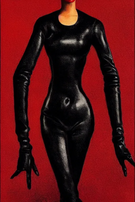 Prompt: dreamy girl character with perfect body in a nice black leather suit and red lips, very artistic pose, background in blurred, perfect lighting. professional design, intricate complexity, by dan mumford and by alberto giacometti, peter lindbergh, malevich, william stout