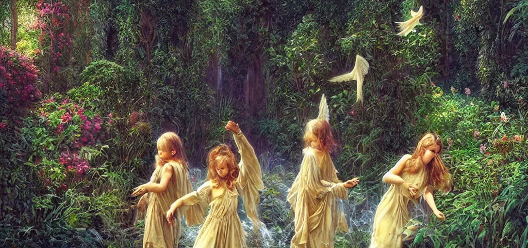 Image similar to angels playing in a hidden garden by michael whelan, heaven, ultra realistic, aesthetic, beautiful, magical