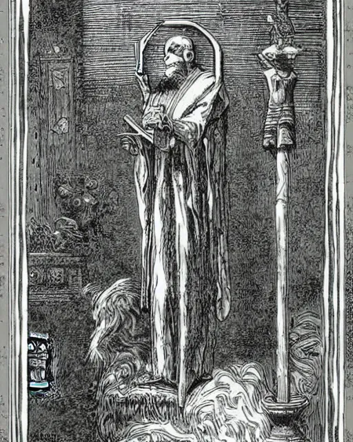 Image similar to a print of the magician thoth tarot card by gustave dore