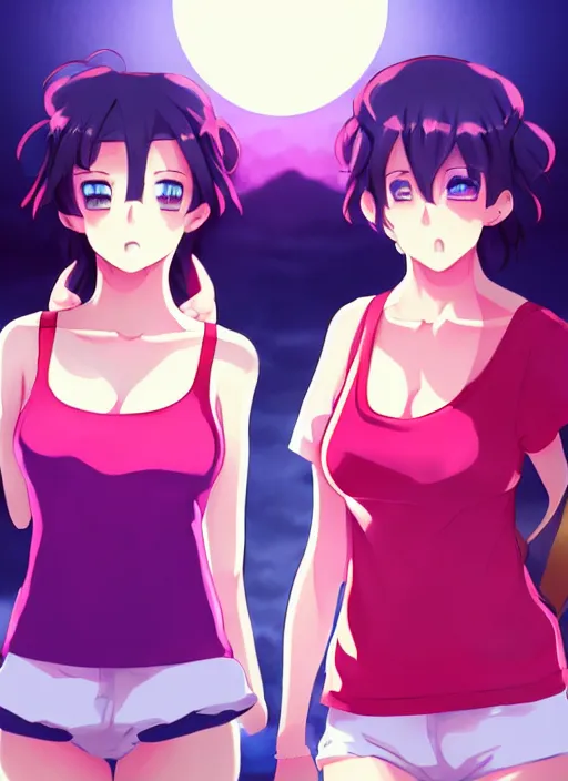 Image similar to two beautiful mothers outside in the evening, tank tops, gorgeous faces, thick lines, cinematic lighting, detailed anime art