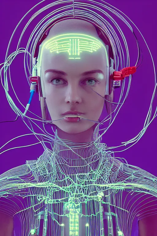 Image similar to A beautiful woman wearing a cybernetic helmet with many wires plugged into it and her body, by Moebius and Beeple