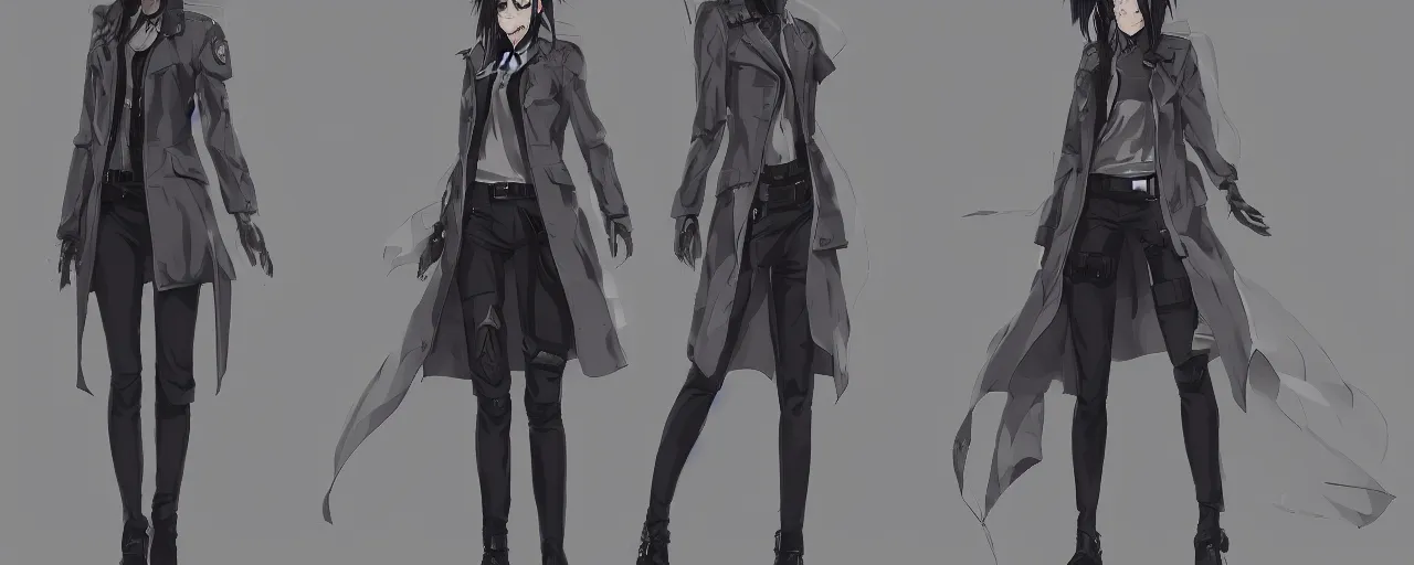 Prompt: a female anime cyberpunk dream police detective wearing a heavy trench coat, character concept explorations, concept art, clear outfit design, techwear, trending on artstation, clear shapes, clean edges, full body visible, centre alignment