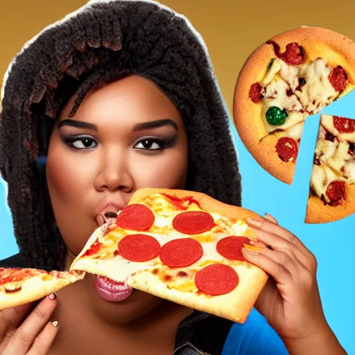 Prompt: depressed lizzo gorging herself with pizza cookies chips and cake in real life, 8 k, 4 k uhd, very detailed, great detail, super detailed, hyper realistic, realistic