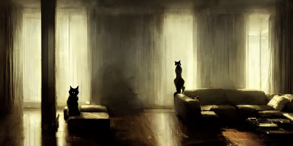Image similar to a dramatic portrait of a siamese cat inside a modern apartment, intricate concept art, ethereal, cinematic, dramatic lighting, by jeremy mann and julius adam ii
