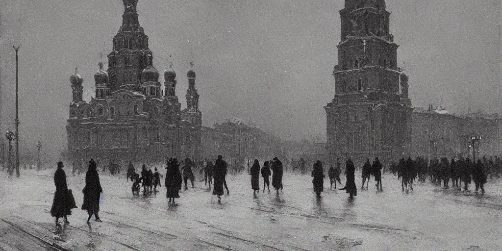 Prompt: Saint Petersburg in 1914 in winter, evening, guarded by a giant steam robot, Rozalski