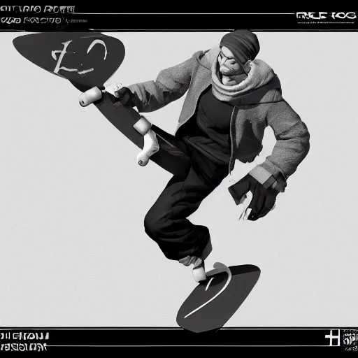 Image similar to rpg character concept art, world champion fingerboarder, in the style of jamie hewlett hiroya oku riyoko ikeda, 3 d render, artstation trending, 8 k, octane render, photorealistic, sharp detail, manga, black and white