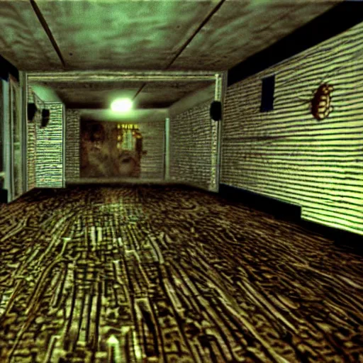 Prompt: vhs horror video game screenshot on ps 1 game, playstation 1 game, third person, horror