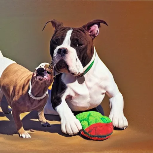 Image similar to pitbull bulldog mix with brindle coat and white paws and white chest playing with a dinosaur plushie. oil painting. impressionist. sunny day.