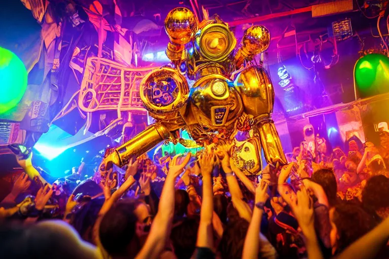 Image similar to scene is elrow party in amnesia in ibiza, portrait photo of a stagediving giant huge golden and blue metal steampunk robot, with gears and tubes, eyes are glowing red lightbulbs, audience selfie, shiny crisp finish, 3 d render, 8 k, insaneley detailed, fluorescent colors, haluzinogetic, background is multicolored lasershow