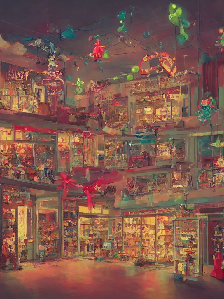 Prompt: a contemporary painting of a gift shop with many small gift boxes and presents with bows and ribbons neon signs in a painting from stalenhag 4 k 8 k hdr artstation concept art