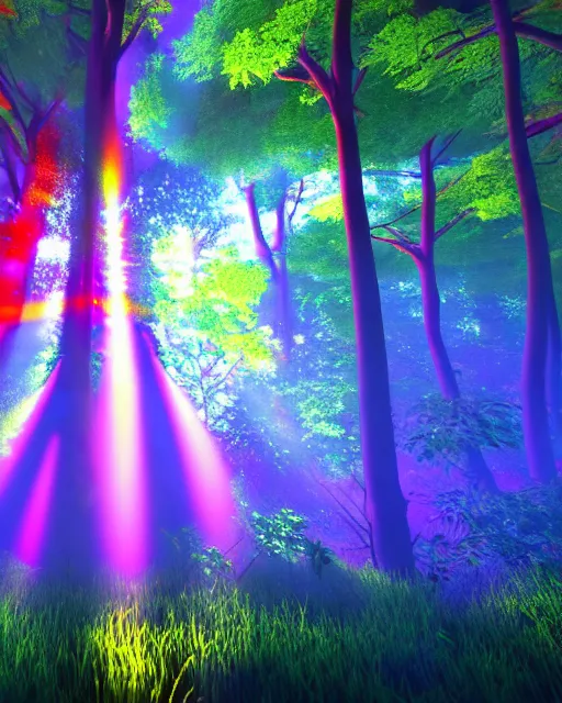 Image similar to mystical forest with a pond with a bright beam of light shining down through the clouds colorful trippy acid trip colorful 8 k 3 d sunshine rays volumetric lighting trending on artstation vray colorful