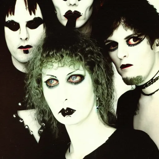 Image similar to 1 9 8 0 s goth band promo photo, fine detailed, photorealistic, portrait