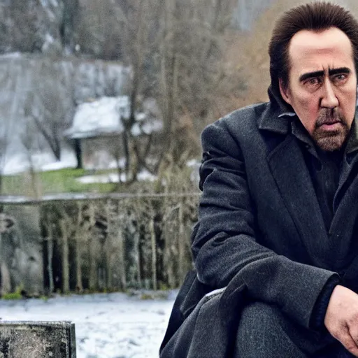 Prompt: nicholas cage starring in russian depressing arthouse movie about village.