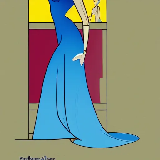 Image similar to a digital painting of a woman in a blue dress, an art deco painting by Patrick Nagel,, deviantart contest winner, art deco, matte drawing, storybook illustration, matte painting