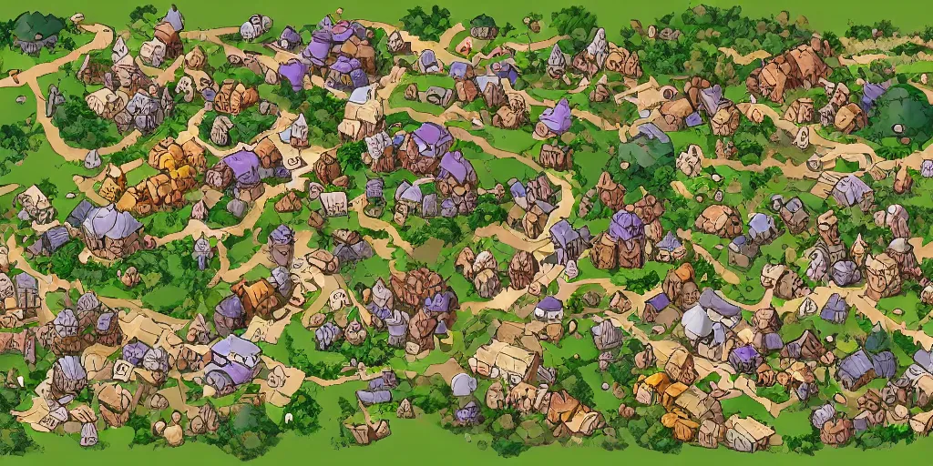 Image similar to a high detailed village vector art presenting an aerial view of a cartoonish rpg village by dungeondraft, dofus, patreon content, containing tables and walls, hd, straight lines, vector, grid, dnd map, map patreon, fantasy maps, foundry vtt, fantasy grounds, aerial view, dungeondraft, tabletop, inkarnate, dugeondraft, roll 2 0